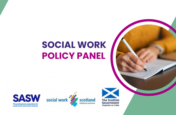 logos for SASW SWS and Scot Gov with Social Work Policy Panel written