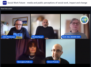 A screenshot of the chair and panelists for the "Social Work Future: Media and public perceptions of social work, impact and change" World Social Work Month 2022 online event