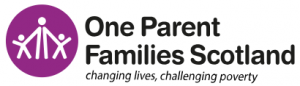 One Parent Families Scotland purple logo and text 'Changing lives, challenging poverty'