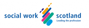 Social Work Scotland logo of colourful lines with the tagline "Leading the profession"