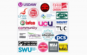 The 21 logos of the unions - including SWU - who have signed the Migrant Workers' Pledge