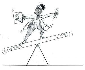 A professionally dressed woman holding a briefcase stands precariously balancing on a seesaw. One end of the seesaw is labeled "work" and the other is "life". The "work" end of the seesaw is lower than the "life" end of the seesaw.